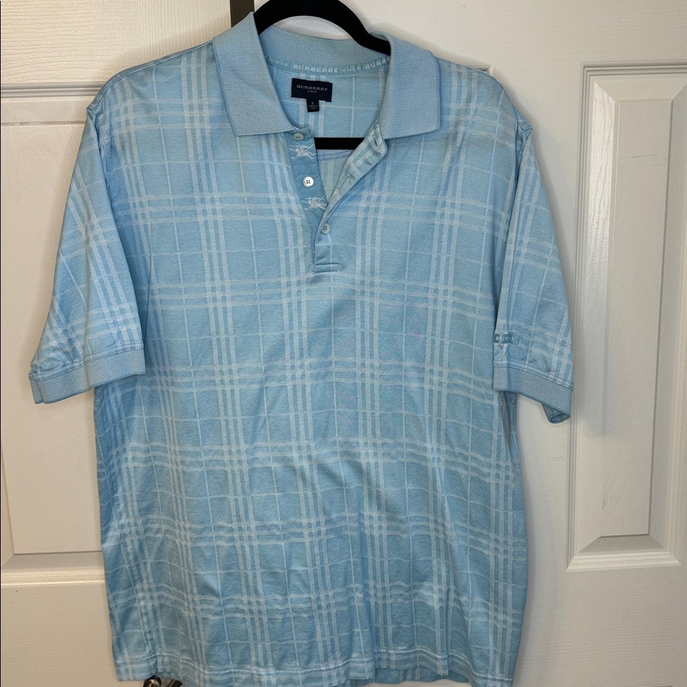 Burberry Golf Polo - Light Blue and white plaid Polo Shirt. Made in Italy